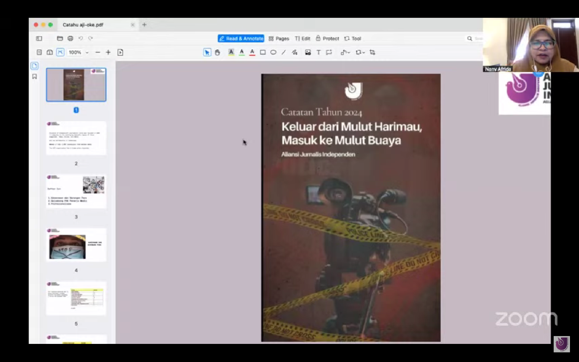 Tangkapan layar menampilkan Ketua Umum AJI Indonesia, Nany Afrida, yang tengah memaparkan konferensi pers daring bertajuk 